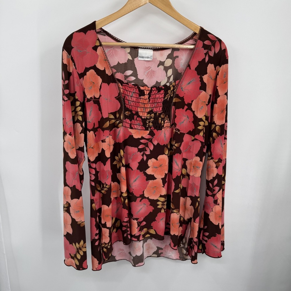 Vtg Fashion Bug Shirt Womens L/XL Brown‎ Pink Forest Floral Smocked Flare Sleeve